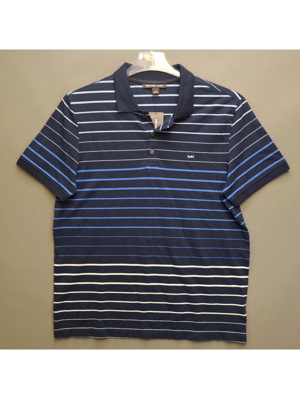 NWT Michael Kors Mens Large Striped Polo Shirt Navy Blue Short Sleeve MK Logo